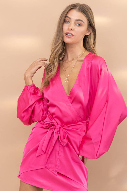 Satin Stretch Long SLV Wrap Tie Mini Dress