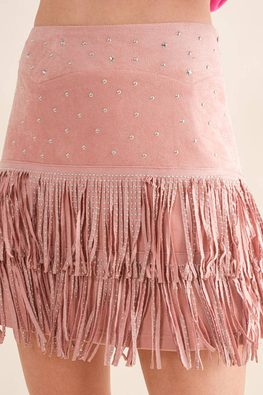 Suede Star Silver Studded Tiered Fringe Mini Skirt