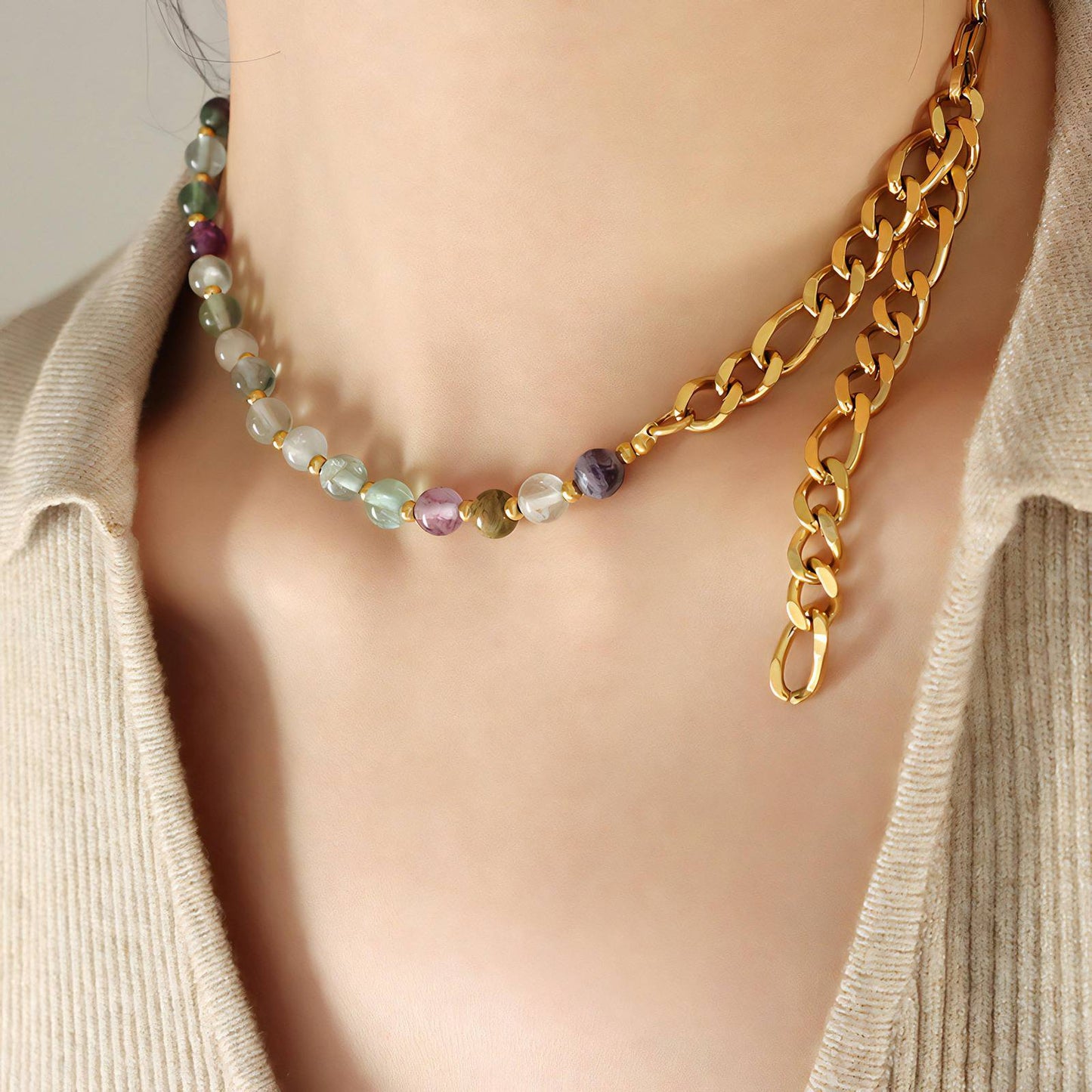 18K Gold Chain Beaded Necklace