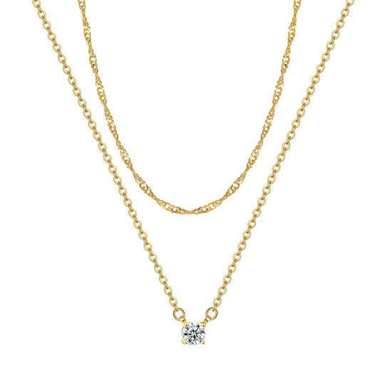 18K Gold Solitaire CZ Layered Necklace