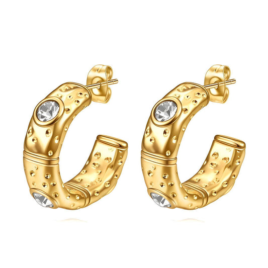 18K Gold Thick CZ Hammered Hoop Earrings