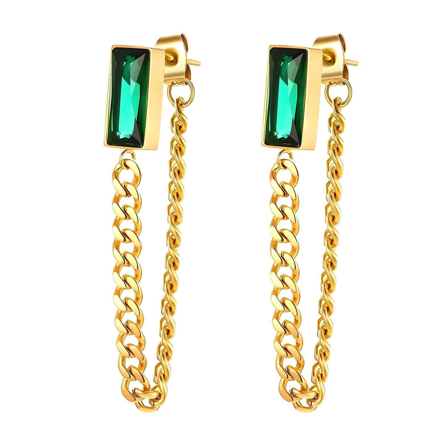 18K Gold Emerald Chain Earrings