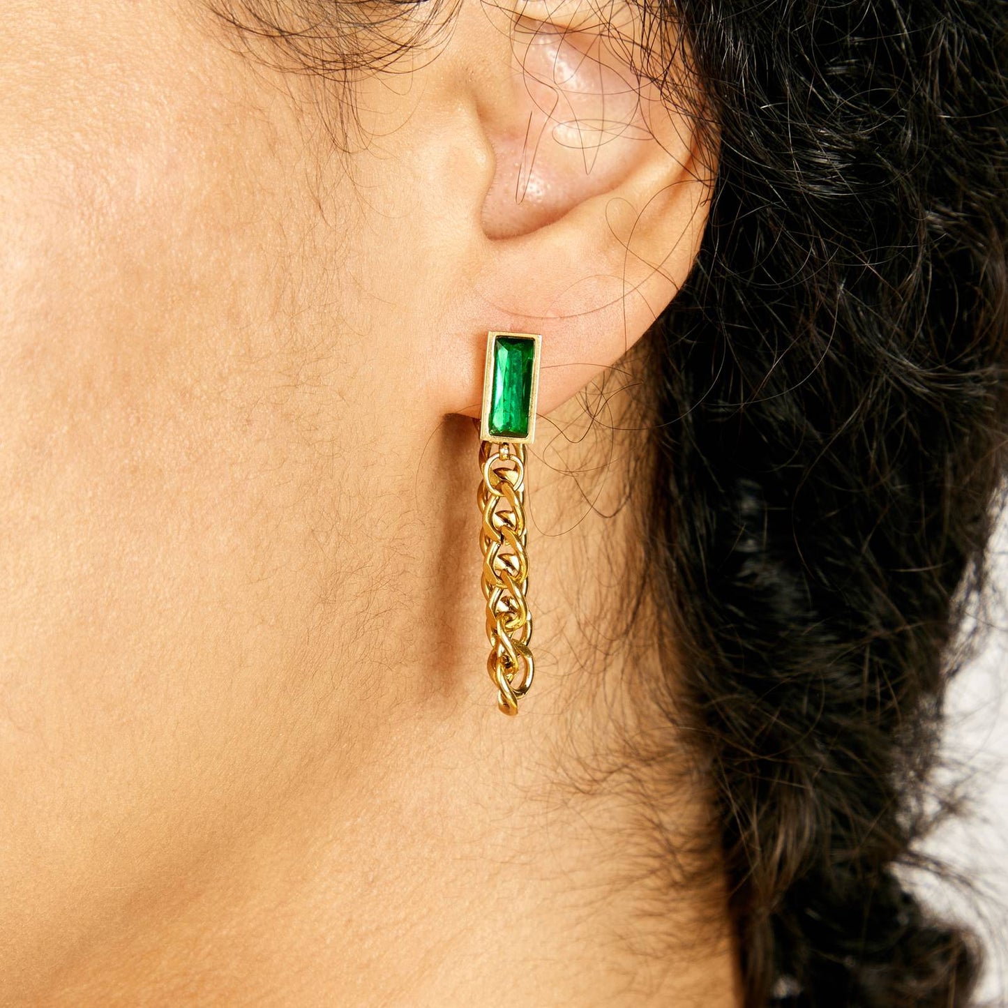 18K Gold Emerald Chain Earrings