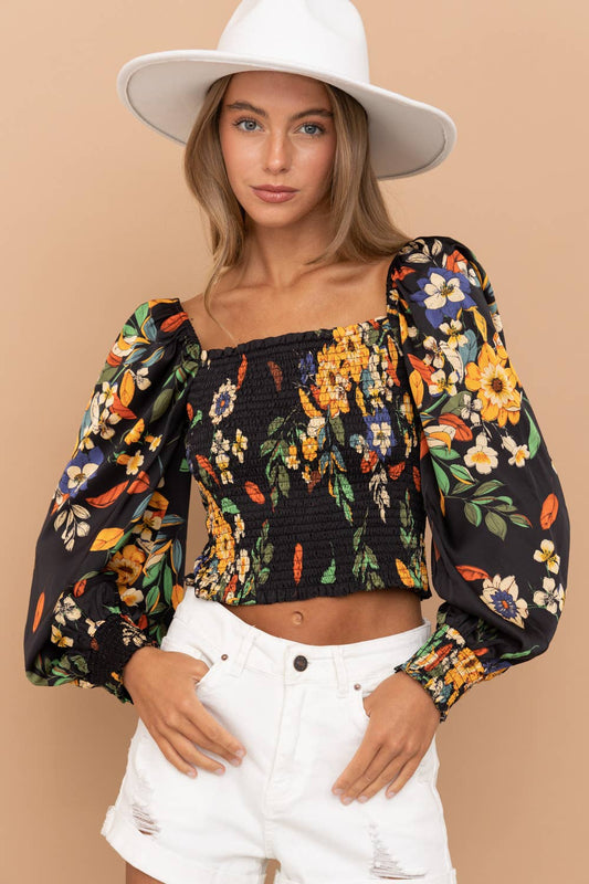 Satin Smocked Bodice Tropical Floral Blouse