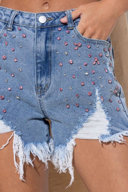 Stretch Denim Rhinestone Gem Studded Distressed