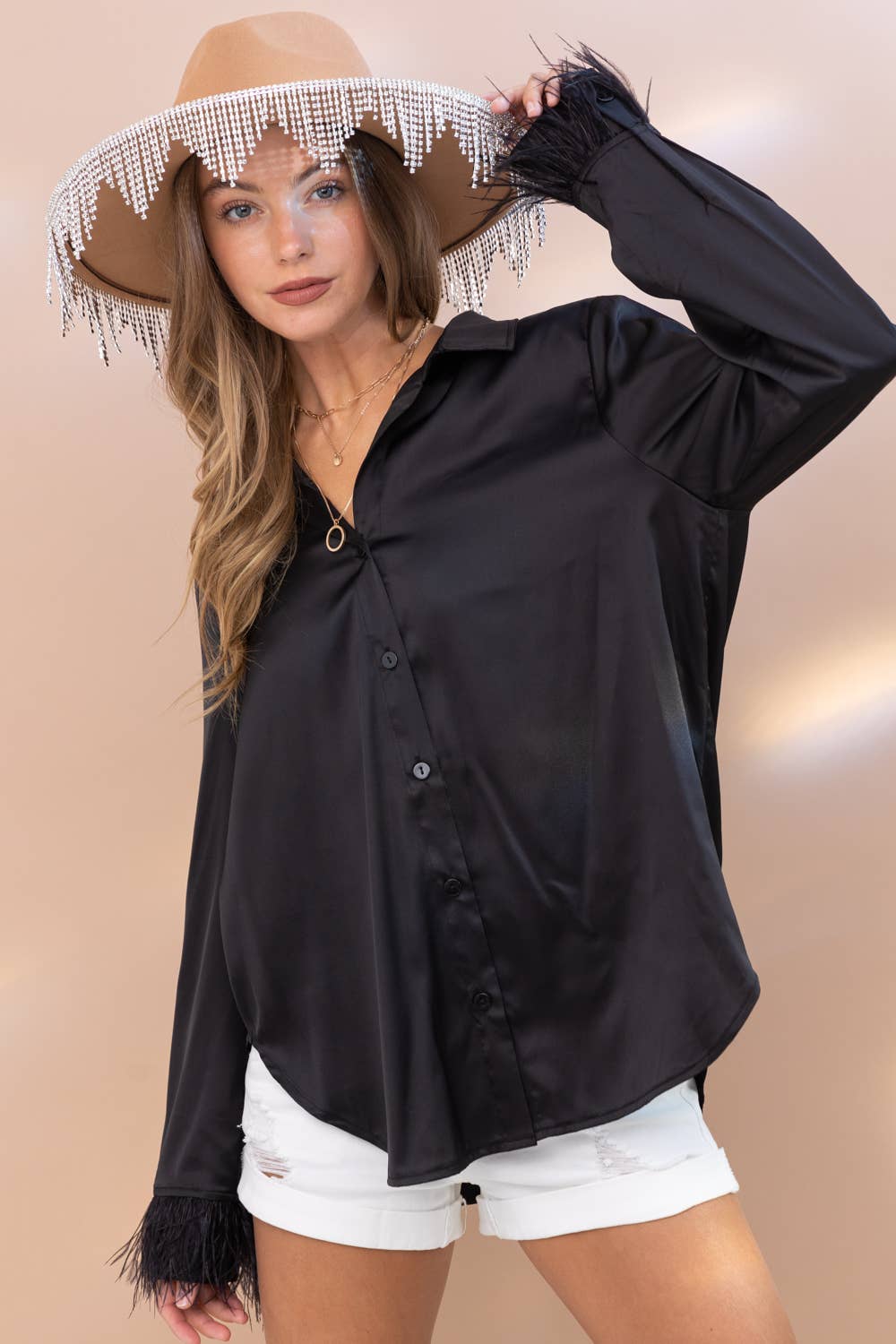 Satin Shirt Blouse with Ostrich Fur Cuff