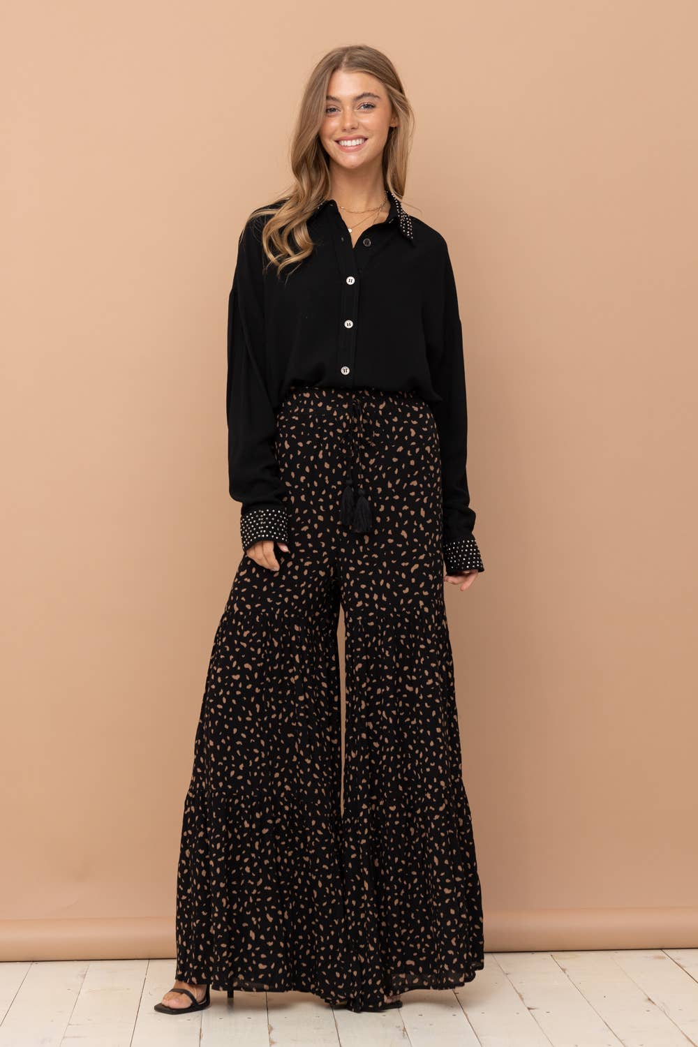 Dalmatian Print Tiered Palazzo Wide Leg Pants